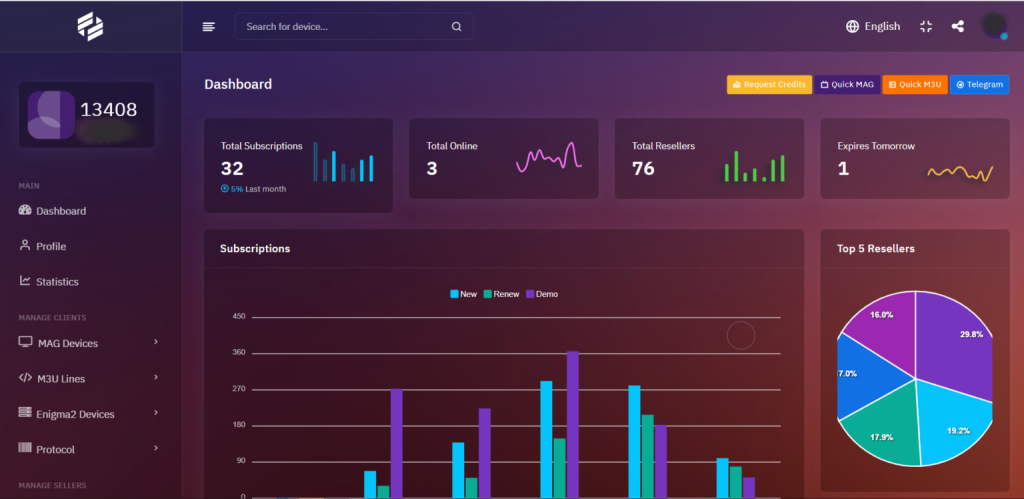 IPTV Reseller Panel dashboard – manage clients, credits, and subscriptions