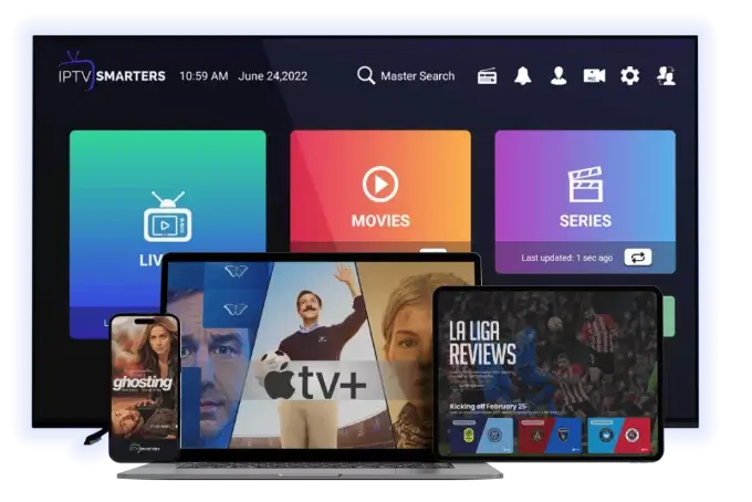 IPTV player interface showing live TV and VOD streaming